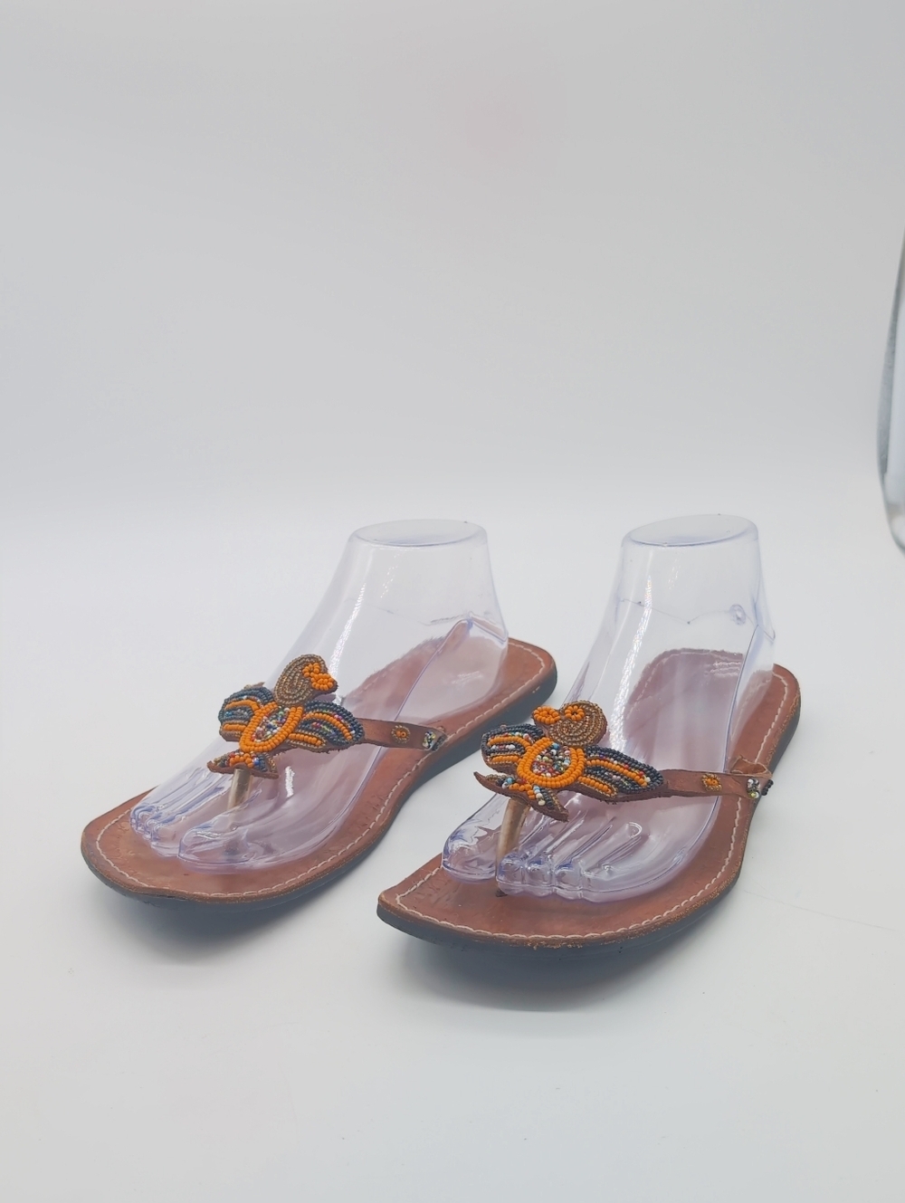 Vintage Thunderbird African 10 5 Handmade-Beaded Brown Leather Women’s Sandals